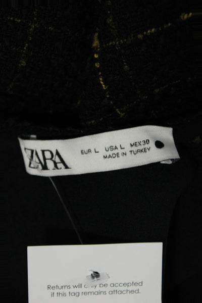 Zara Women Sheath Dress Black Check Round Neck Short Sleeve Size L