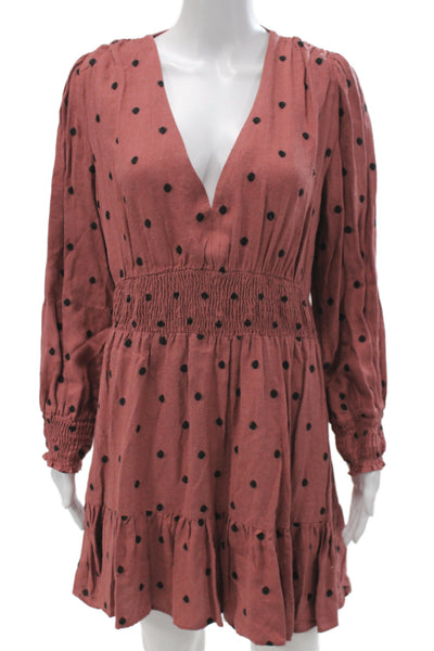 Zara Womens Fit & Flare Mini Polka Dot Brown V Neck Long Sleeve Dress Size L