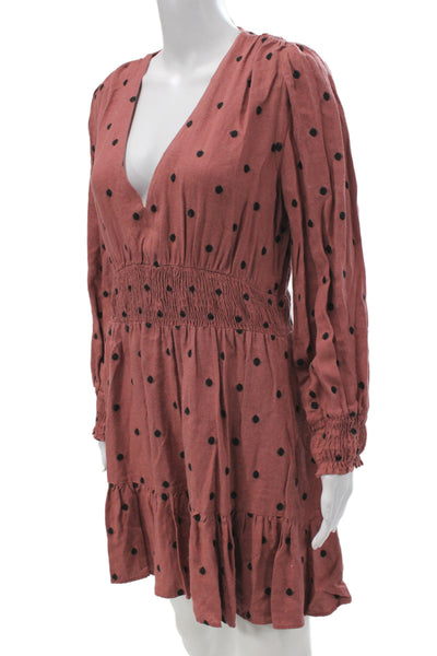 Zara Womens Fit & Flare Mini Polka Dot Brown V Neck Long Sleeve Dress Size L