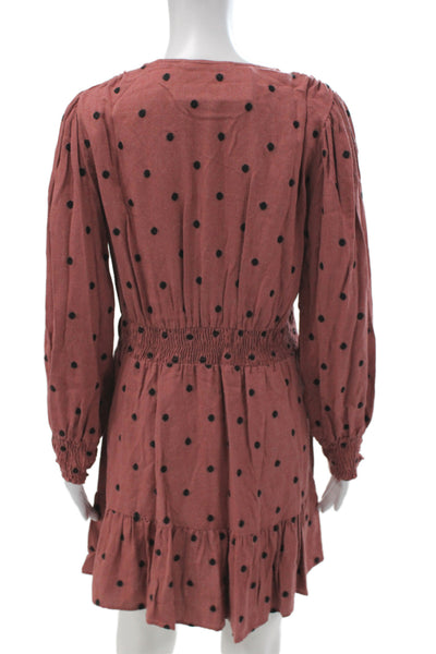 Zara Womens Fit & Flare Mini Polka Dot Brown V Neck Long Sleeve Dress Size L