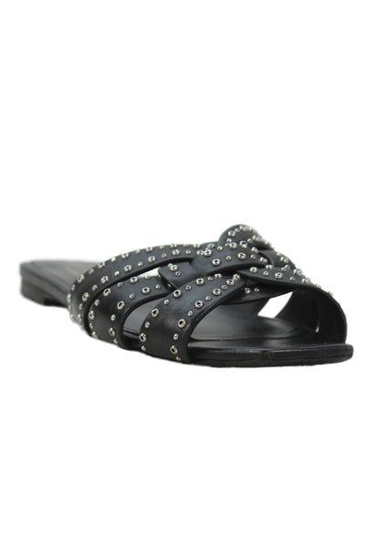 Saint Laurent Womens Leather Studded Slide On Sandals Black Size 36.5 6.5