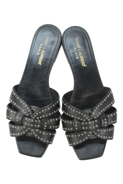Saint Laurent Womens Leather Studded Slide On Sandals Black Size 36.5 6.5