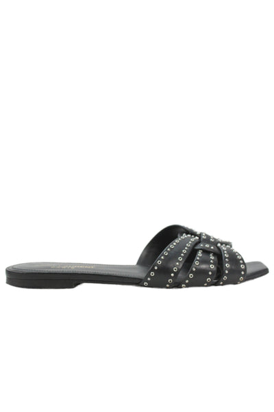 Saint Laurent Womens Leather Studded Slide On Sandals Black Size 36.5 6.5