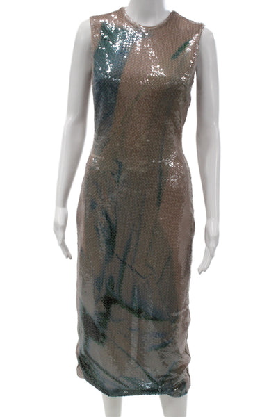 16 Arlington Womens Sheath Dress Beige Sleeveless Crew Neck Mid Calf Size 8