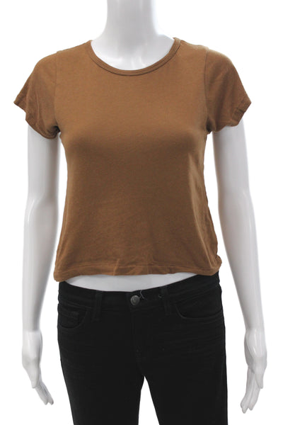 Eterne Women Cropped Basic T-Shirt Brown Crew Neck Short Sleeve Size M