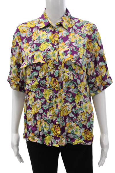 Zara Women Purple Floral Collared Button Up Viscose Blouse Short Sleeve Size XS