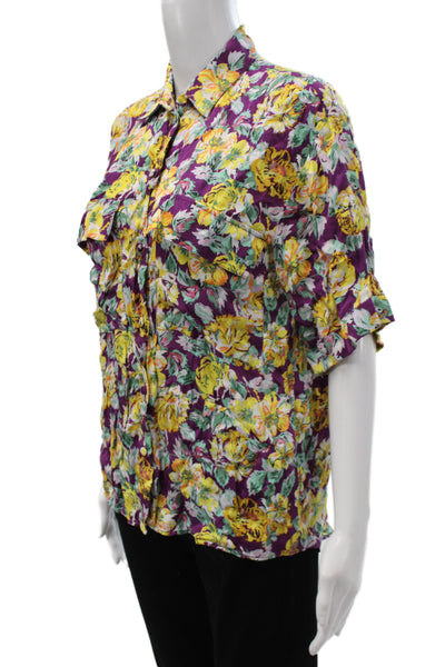 Zara Women Purple Floral Collared Button Up Viscose Blouse Short Sleeve Size XS