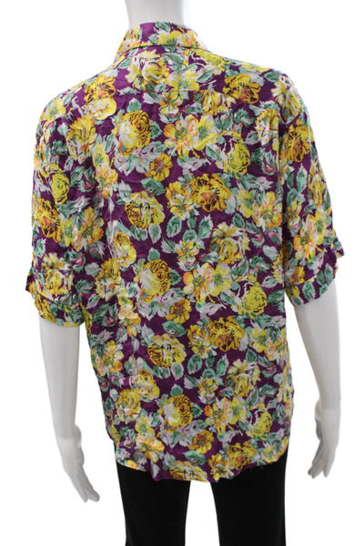 Zara Women Purple Floral Collared Button Up Viscose Blouse Short Sleeve Size XS