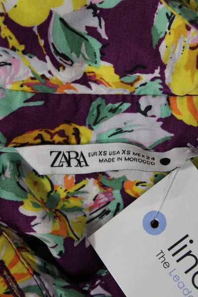 Zara Women Purple Floral Collared Button Up Viscose Blouse Short Sleeve Size XS