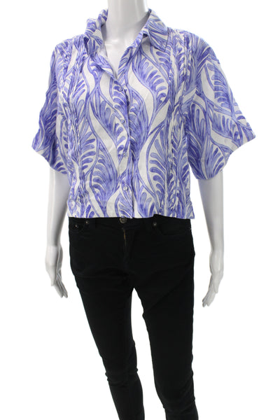 Magaschoni Womens Cropped Linen Button Up Blouse Blue Short Sleeve Size S