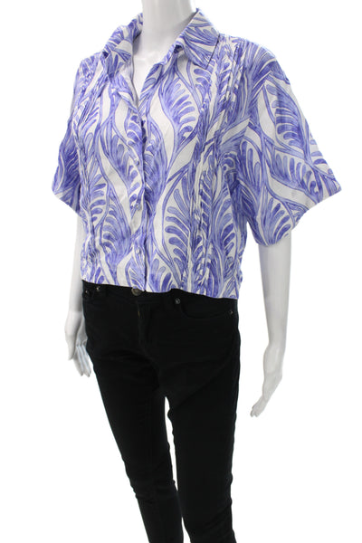 Magaschoni Womens Cropped Linen Button Up Blouse Blue Short Sleeve Size S
