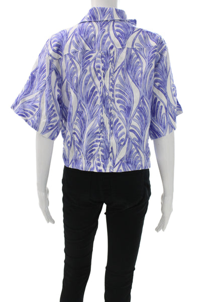 Magaschoni Womens Cropped Linen Button Up Blouse Blue Short Sleeve Size S