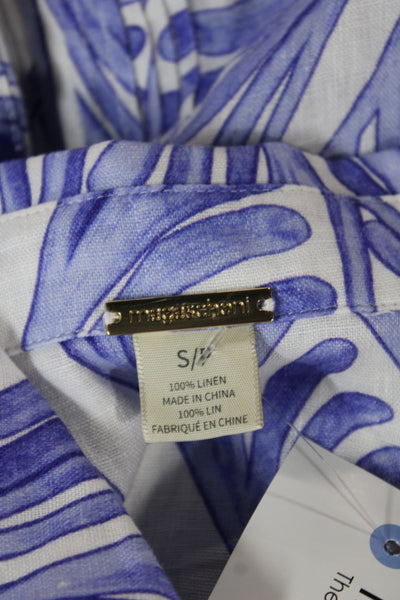 Magaschoni Womens Cropped Linen Button Up Blouse Blue Short Sleeve Size S