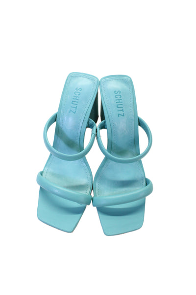 Schutz Womens Block Heel Double Strap Slide Sandals Blue Leather Size 9