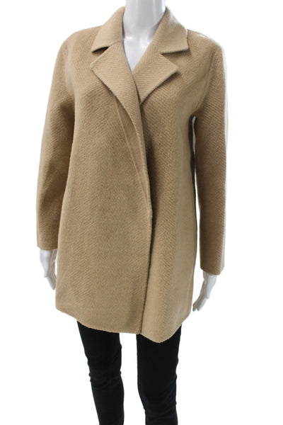 Theory Women Overcoat Herringbone Wool Collared Beige Size S
