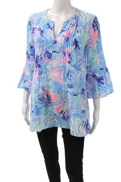 Lilly Pulitzer Womens Tunic Blouse Blue Floral V-Neck 3/4 Sleeve Cotton Size S