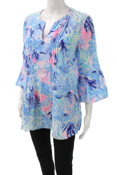 Lilly Pulitzer Womens Tunic Blouse Blue Floral V-Neck 3/4 Sleeve Cotton Size S