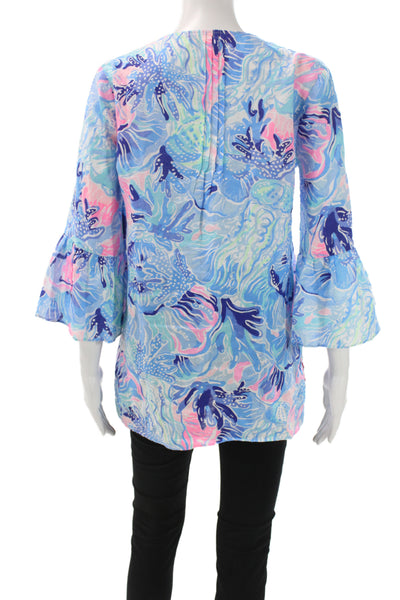 Lilly Pulitzer Womens Tunic Blouse Blue Floral V-Neck 3/4 Sleeve Cotton Size S