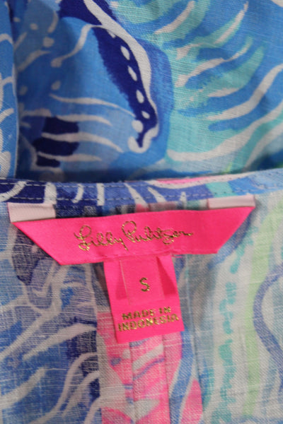 Lilly Pulitzer Womens Tunic Blouse Blue Floral V-Neck 3/4 Sleeve Cotton Size S