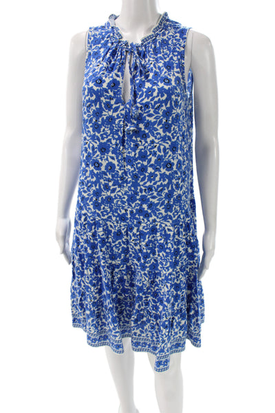 Max Studio Women Blue Floral Cotton Sundress Knee Length Sleeveless Size S