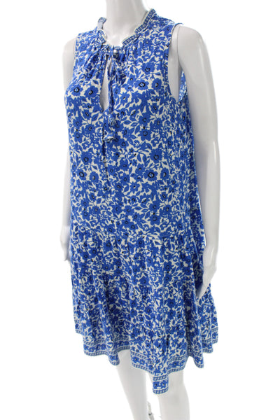 Max Studio Women Blue Floral Cotton Sundress Knee Length Sleeveless Size S