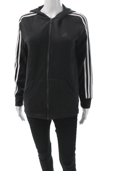 Adidas Women Full-Zip Striped Black Hoodie Cotton Polyester Long Sleeve Size S