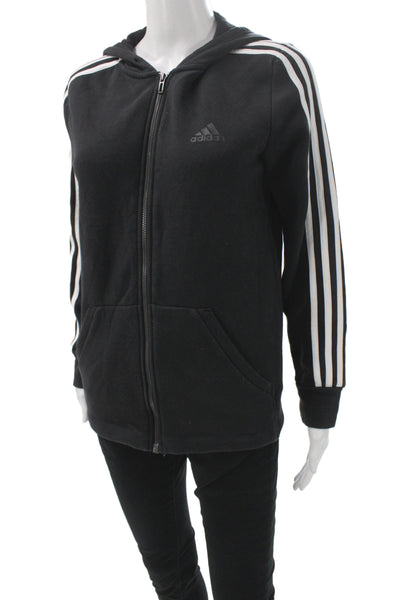 Adidas Women Full-Zip Striped Black Hoodie Cotton Polyester Long Sleeve Size S