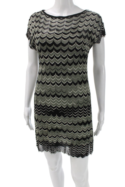 M Missoni Women Shift Dress Black Geometric Knee Short Sleeve Size 44