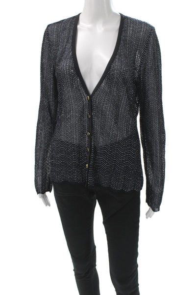 Escada Unisex Cardigan Black Wool Herringbone V-Neck Button Long Sleeve Size 38