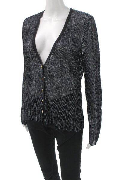 Escada Unisex Cardigan Black Wool Herringbone V-Neck Button Long Sleeve Size 38