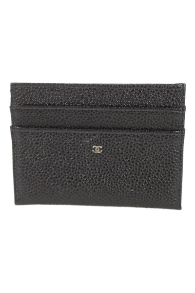 Chanel Unisex Adults Pebbled Leather CC Logo Card Holder Wallet Black