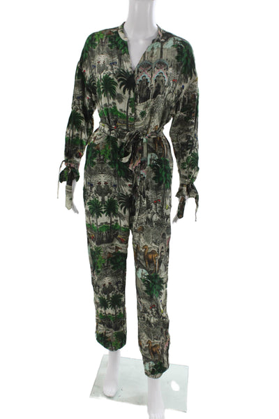 Chufy Womens Green Collared Graphic Long Sleeve Jumpsuit Viscose Size S