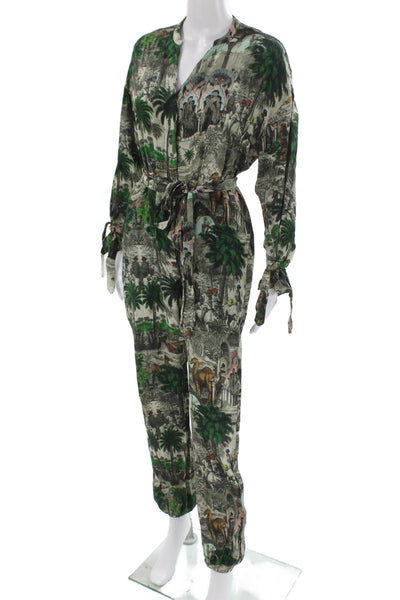 Chufy Womens Green Collared Graphic Long Sleeve Jumpsuit Viscose Size S