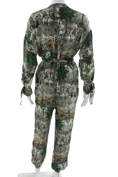 Chufy Womens Green Collared Graphic Long Sleeve Jumpsuit Viscose Size S