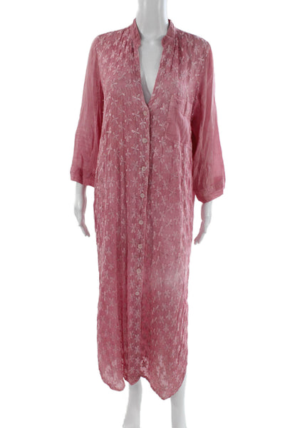 Sunday Tropez Women Kaftan Maxi Dress Pink Floral V-Neck 3/4 Sleeve Size S