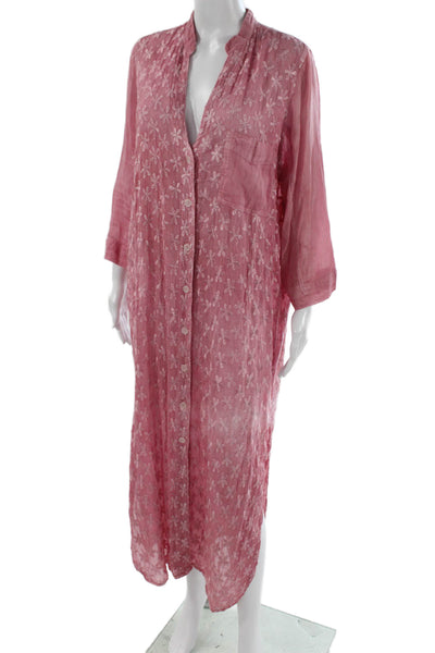 Sunday Tropez Women Kaftan Maxi Dress Pink Floral V-Neck 3/4 Sleeve Size S