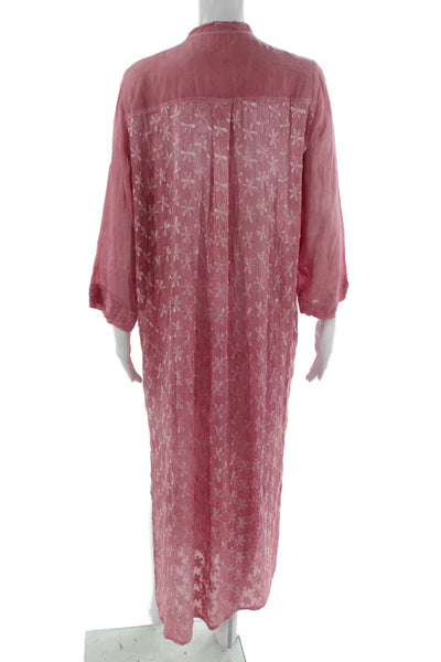 Sunday Tropez Women Kaftan Maxi Dress Pink Floral V-Neck 3/4 Sleeve Size S