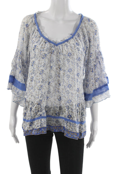 Poupette St. Barth Women Tunic White Floral V Neck 3/4 Sleeve Size One Size