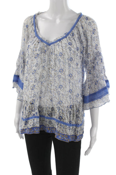 Poupette St. Barth Women Tunic White Floral V Neck 3/4 Sleeve Size One Size