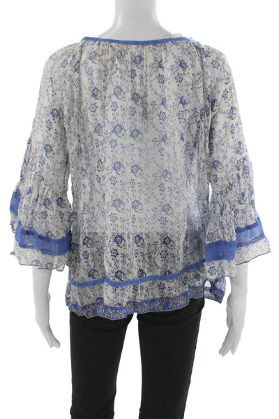 Poupette St. Barth Women Tunic White Floral V Neck 3/4 Sleeve Size One Size