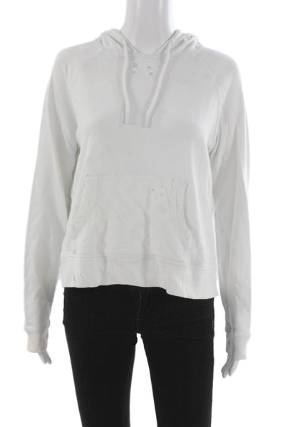 Leallo Women Pullover Hoodie White 100% Cotton Drawstring Long Sleeve Size M
