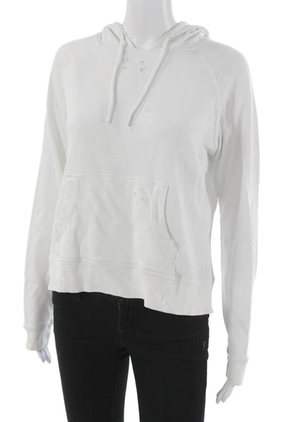 Leallo Women Pullover Hoodie White 100% Cotton Drawstring Long Sleeve Size M