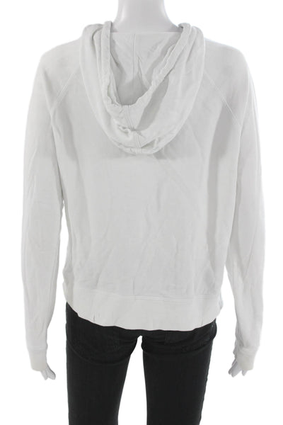 Leallo Women Pullover Hoodie White 100% Cotton Drawstring Long Sleeve Size M