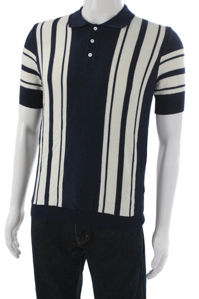 Max N Chester Mens Short Sleeve Collared Knit Striped Shirt Navy White Small