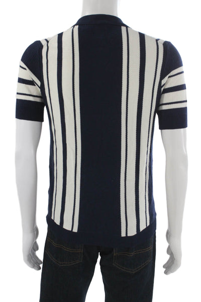 Max N Chester Mens Short Sleeve Collared Knit Striped Shirt Navy White Small