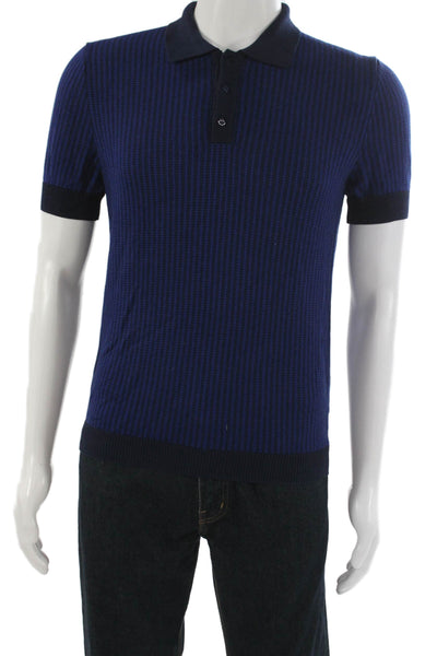 Max N Chester Mens Short Sleeve Collared Knit Striped Polo Shirt Blue Size Small