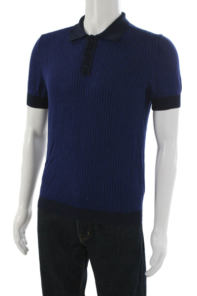 Max N Chester Mens Short Sleeve Collared Knit Striped Polo Shirt Blue Size Small