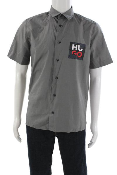 HUGO Mens Short Sleeve Button Front Collared Shirt Gray Cotton Size Small