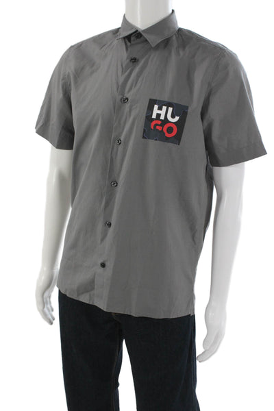 HUGO Mens Short Sleeve Button Front Collared Shirt Gray Cotton Size Small