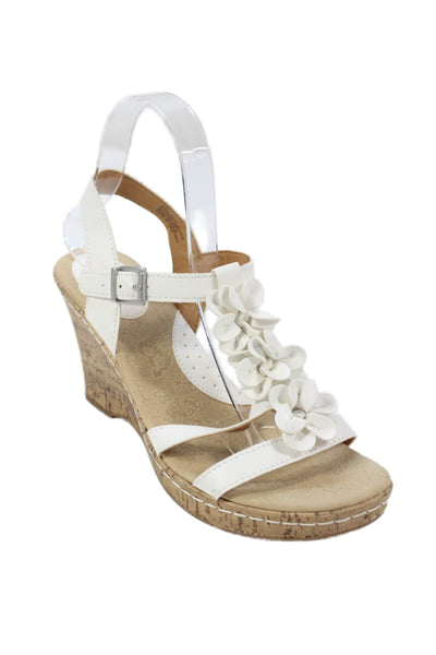 BOC Womens Leather Floral Detail Wedge Sandals White Size 8M